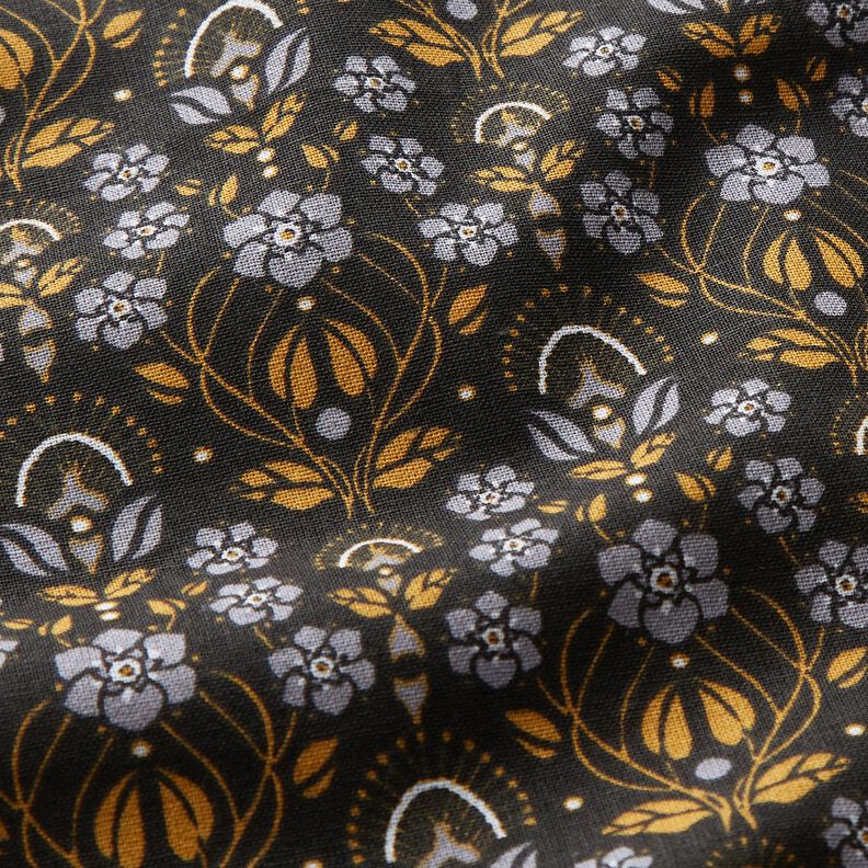tessuto in cotone cretonne Fiori rampicanti – nero/giallo curry, image number 2