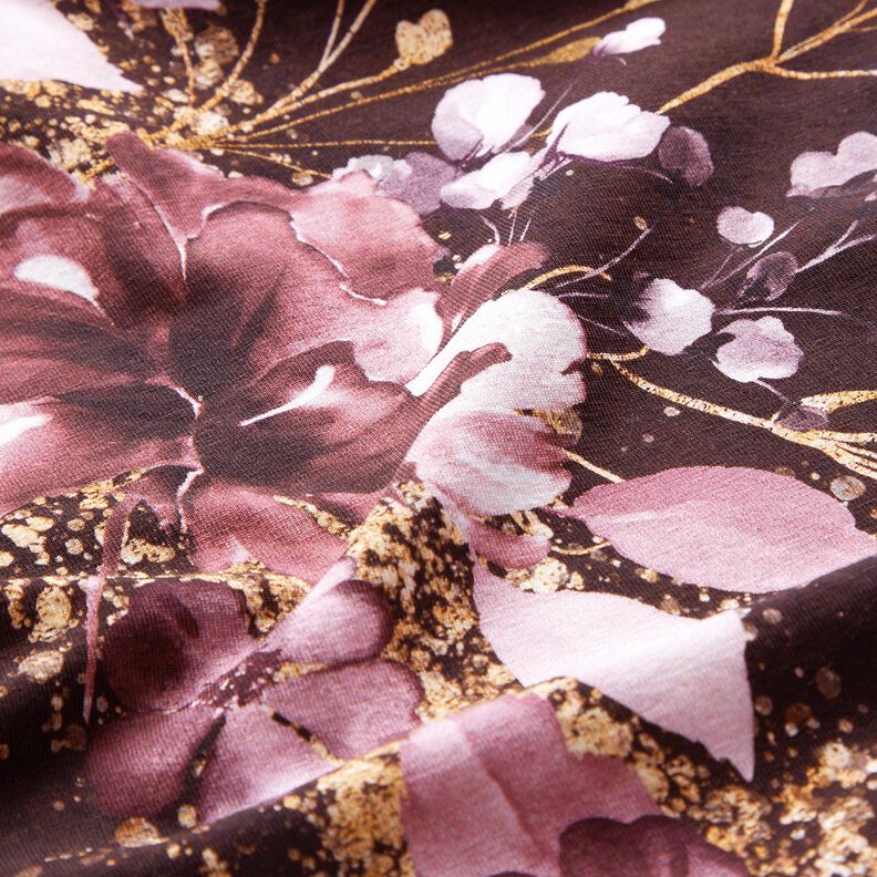 jersey di cotone tessuto con bordura Fiori iglitterati in oro | Glitzerpüppi – rosso Bordeaux/lillà,  image number 7
