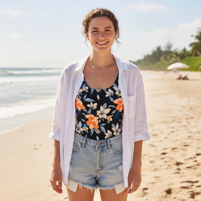 tessuto per costumi da bagno Grandi fiori di ibisco &ndash; nero-azzurro/albicocca,  image number 7