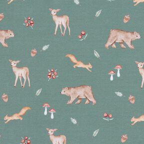 GOTS French terry, felpa estiva Orso, cervo, scoiattolo stampa digitale – verde scuro, 