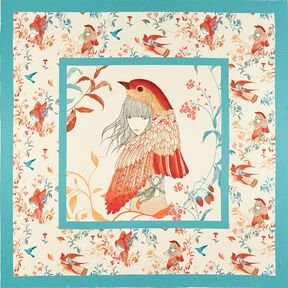 Taglio di tessuto in satin con uccelli e fate | Katia Fabrics – azzurro/crema, 