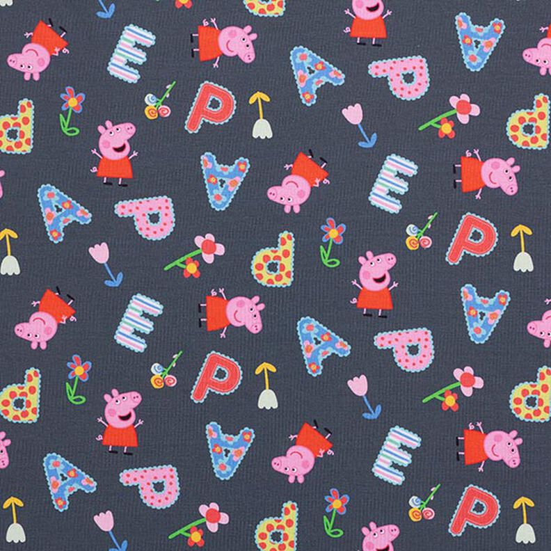 jersey di cotone Tessuto oggetto di licenza Peppa Pig, lettere dell’alfabeto e fiori | ABC Ltd. –,  image number 1