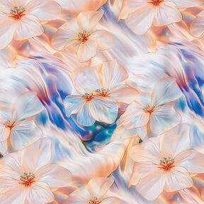 Tessuto di viscosa Stampa digitale di fiori e onde – albicocca/lillà, 