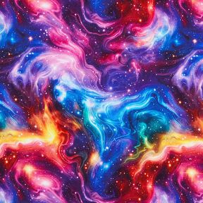 French terry, felpa estiva Galassia stampa digitale – lilla bluastro/rosso fuoco, 