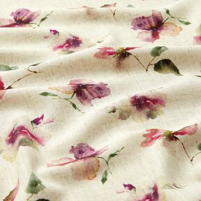 misto lino viscosa fiori acquerello – naturale/uva,  misto lino viscosa fiori acquerello – naturale/uva,