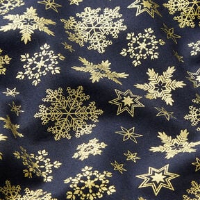 tessuto in cotone popeline Cristalli di neve – blu notte/oro, 