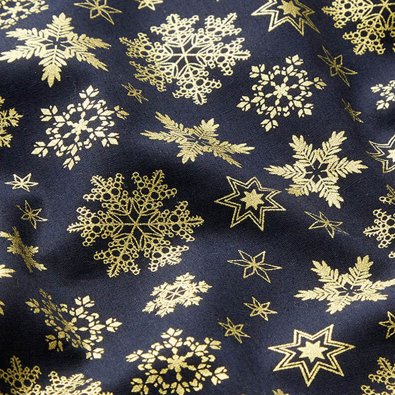 tessuto in cotone popeline Cristalli di neve – blu notte/oro,  image number 2