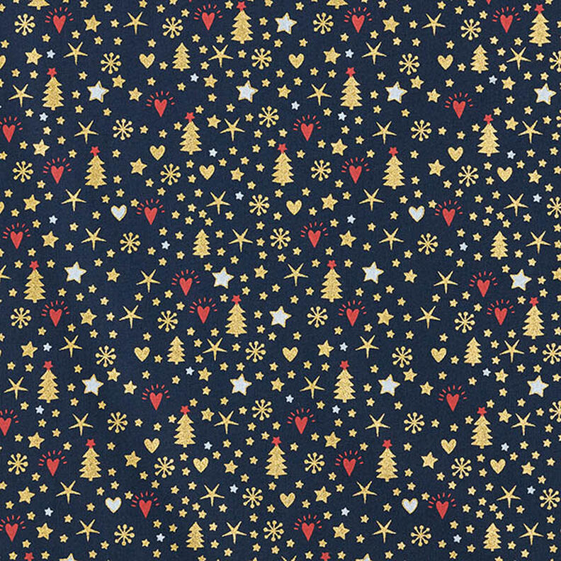 tessuto in cotone popeline Cuori e stelle – blu notte/oro, image number 1