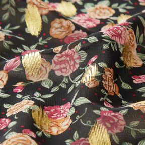 Chiffon a fiori crêpe e pois dorati – nero, 