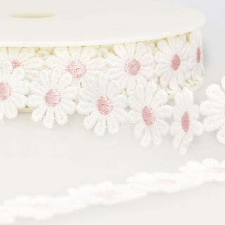 nastro in pizzo, margherite  – bianco/rosa, 