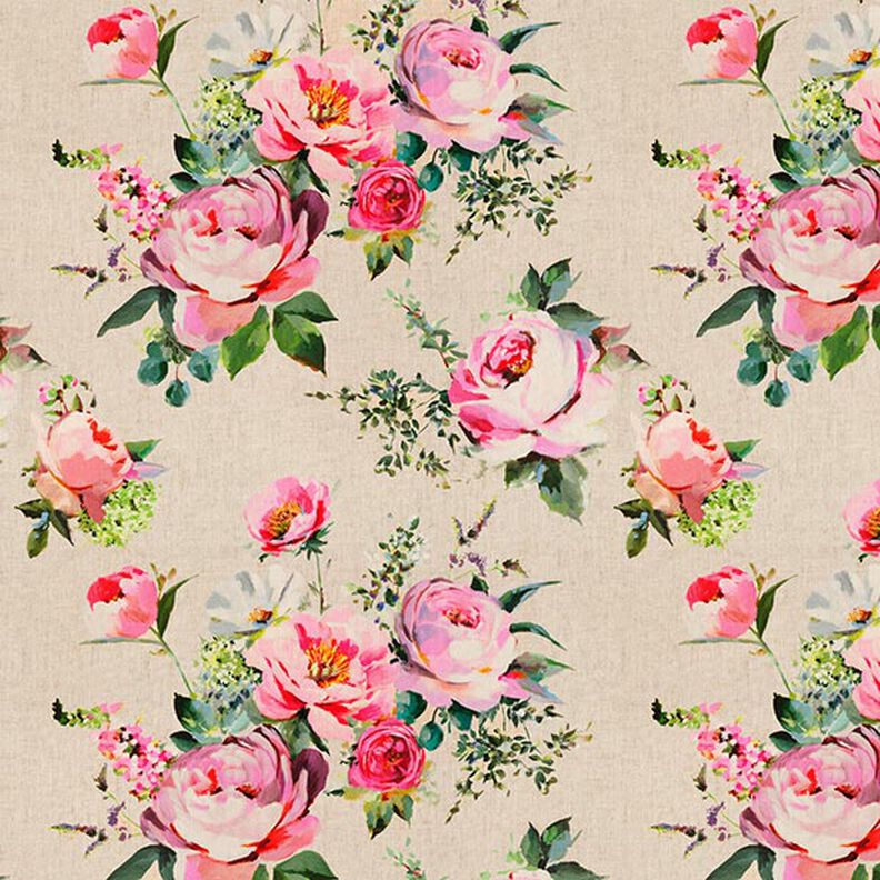 tessuto arredo mezzo panama stampa digitale, rose acquerello – naturale,  image number 1