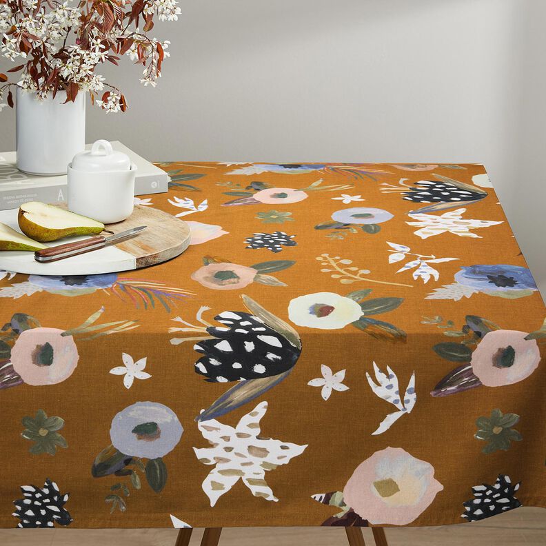 tessuto arredo mezzo panama Grandi fiori retrò – caramello/cachi chiaro, image number 7