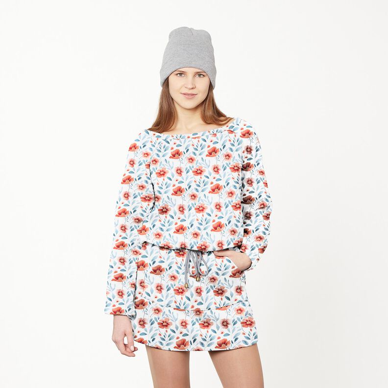 GOTS French terry, felpa estiva Papaveri e rami – bianco/aragosta,  image number 5