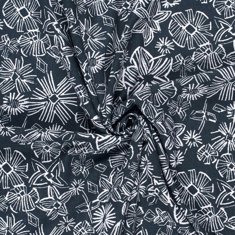 misto lino viscosa Fiori disegnati – blu notte/bianco,  image number 3