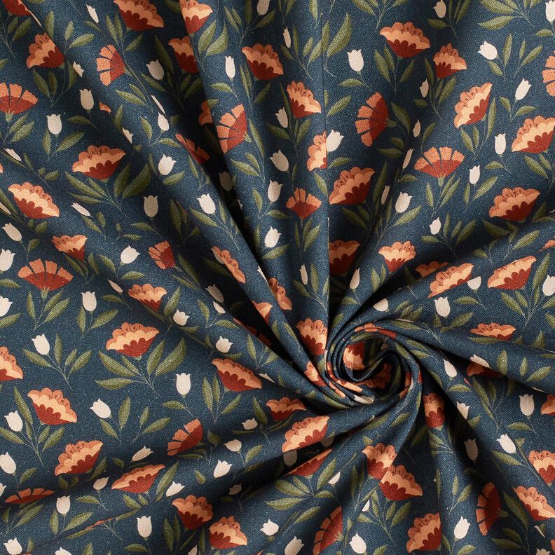 tessuto in cotone popeline Fiori delicati – nero-azzurro/terracotta, image number 3
