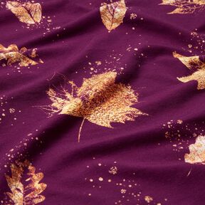 French terry Foglie autunnali dorate | Glitzerpüppi – uva/oro, 