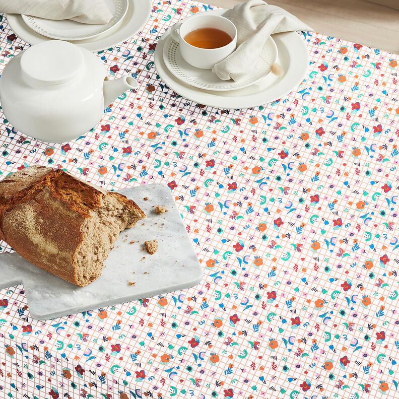 tessuto in cotone cretonne quadri e fiorellini – bianco/menta piperita,  image number 5