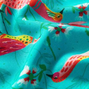 Tessuto in viscosa per abbigliamento da spiaggia con pavoni e fiori – azzurro/rosa fucsia acceso, 