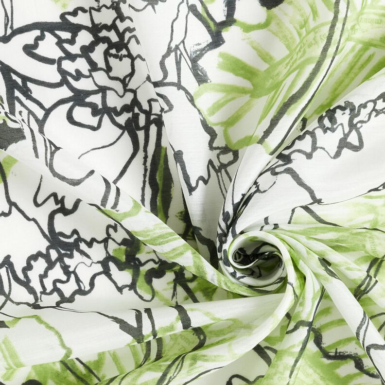 Misto cotone-seta con fiori astratti – avorio/verde maggio,  image number 3
