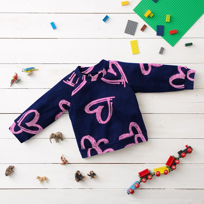 French terry, felpa estiva effetto jeans, cuori neon – blu notte/fucsia neon, image number 5