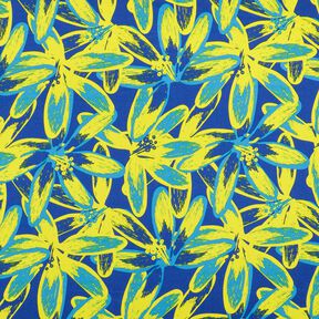 tessuto crêpe satin Grandi fiori di camomilla – indaco/giallo limone, 