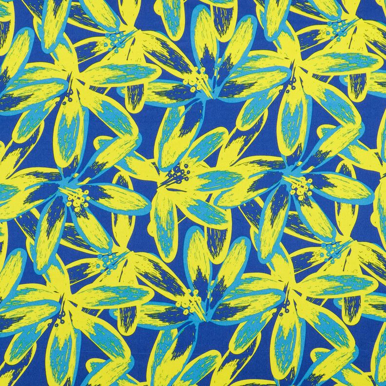 tessuto crêpe satin Grandi fiori di camomilla – indaco/giallo limone,  image number 1