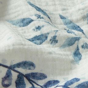 mussolina / tessuto doppio increspato Rami di eucalipto in acquarello – bianco lana/azzurro, 
