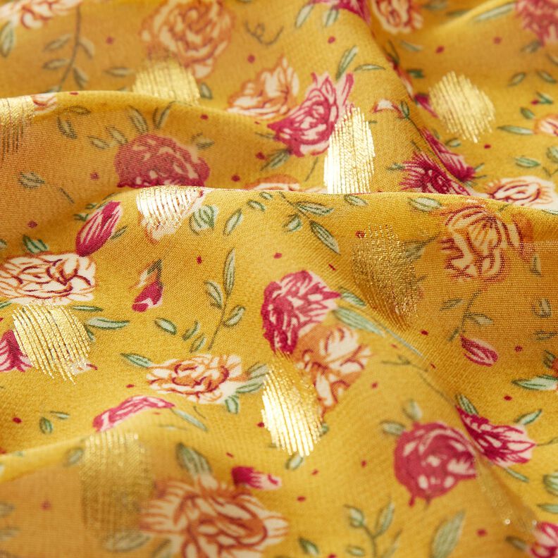 Chiffon a fiori crêpe e pois dorati – giallo curry,  image number 2
