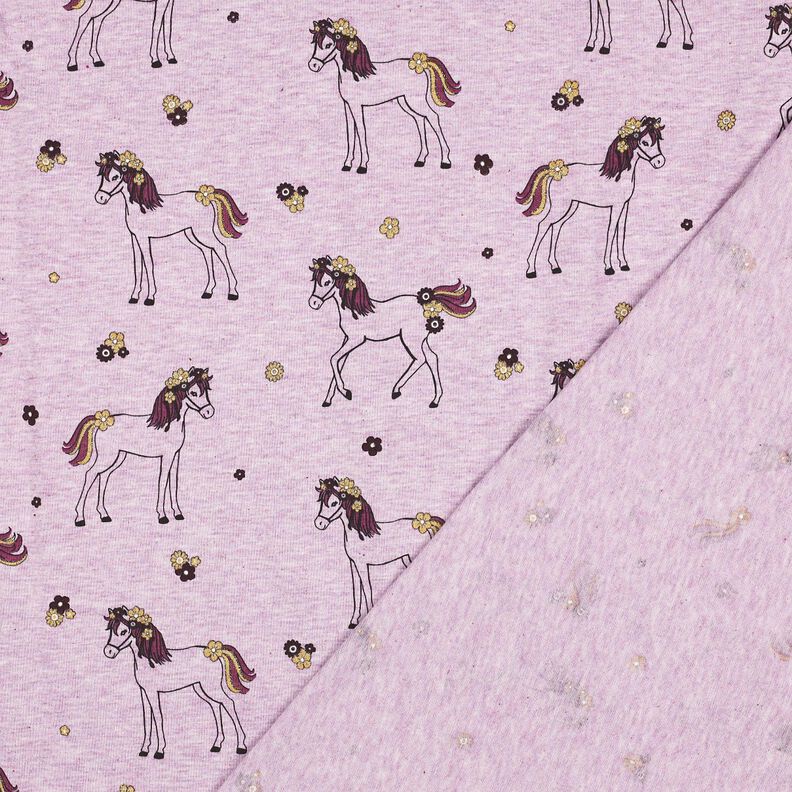 jersey di cotone cavallo e fiori glitterati | Poppy Fabrics – violetto pastello/oro, image number 4
