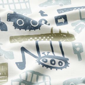 French terry, felpa estiva Veicoli scarabocchiati &ndash; bianco/blu, 