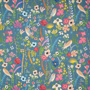 Tessuti da esterni canvas uccelli e fiori – blu acciaio, 