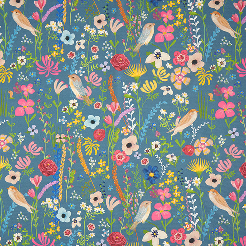 Tessuti da esterni canvas uccelli e fiori – blu acciaio,  image number 1