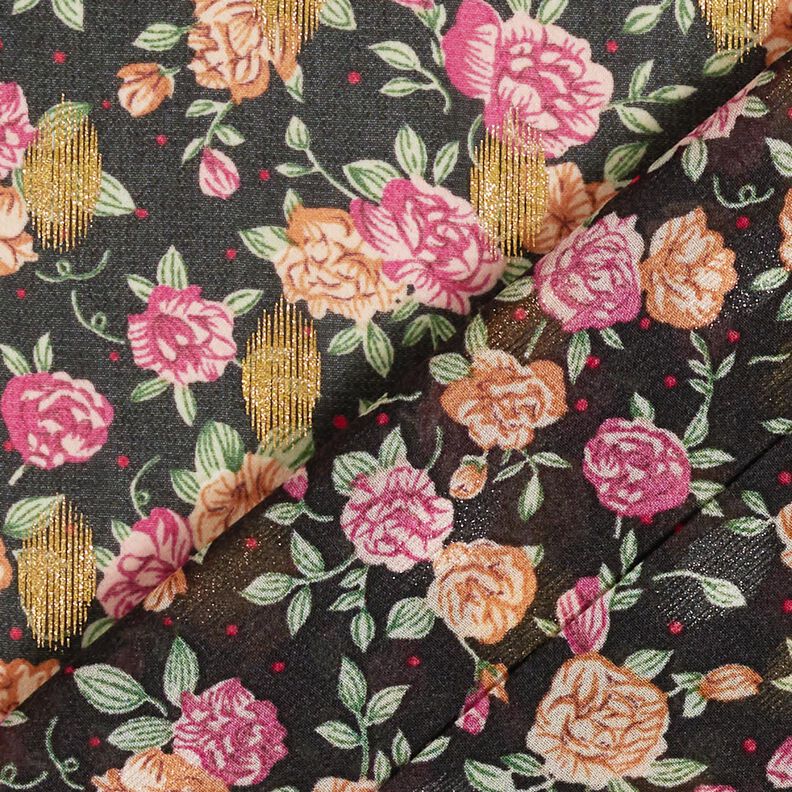 Chiffon a fiori crêpe e pois dorati – nero,  image number 4