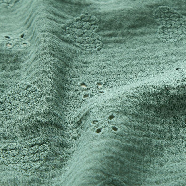 mussolina / tessuto doppio increspato ricami a giorno Cuori – abete blu,  image number 2