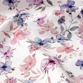 GOTS jersey di cotone Fiori ad acquerello stampa digitale – bianco lana/violetto pastello, 