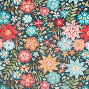 velluto arredo Fiori in look ricamato – petrolio/rosso carminio, 