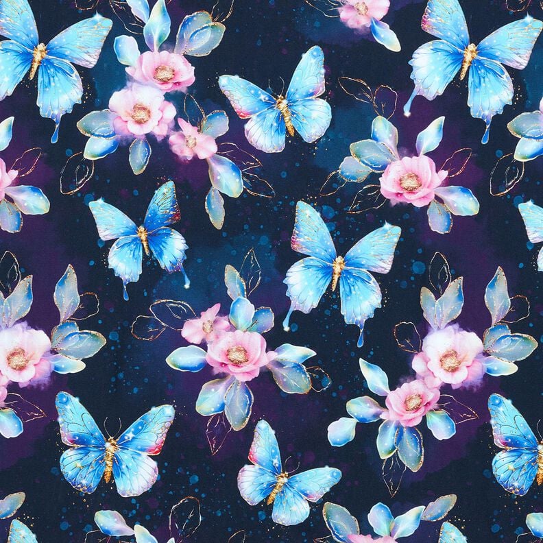jersey di cotone Farfalle e fiori scintillanti | Glitzerpüppi  – blu notte/blu ghiaccio,  image number 1