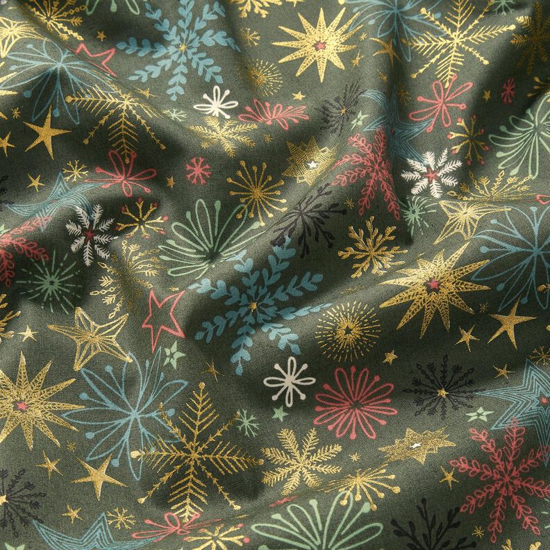 tessuto in cotone popeline Mix di stelle – pino scuro/oro, image number 2