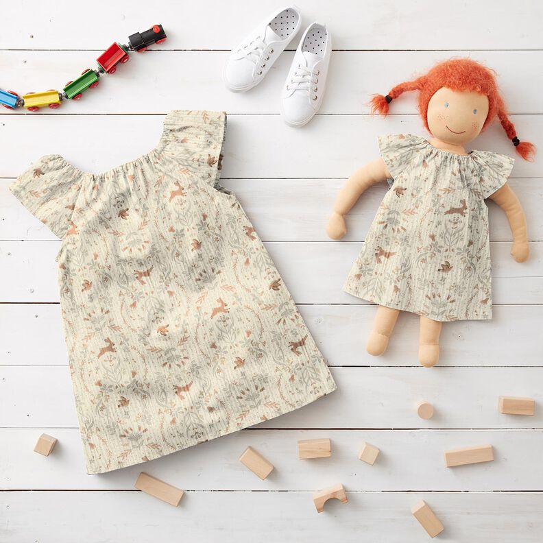 mussolina / tessuto doppio increspato Uccello e coniglio nel giardino fiorito – bianco lana,  image number 5