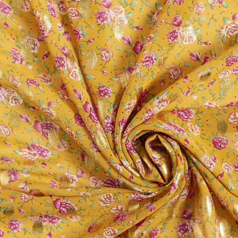 Chiffon a fiori crêpe e pois dorati – giallo curry,  image number 3