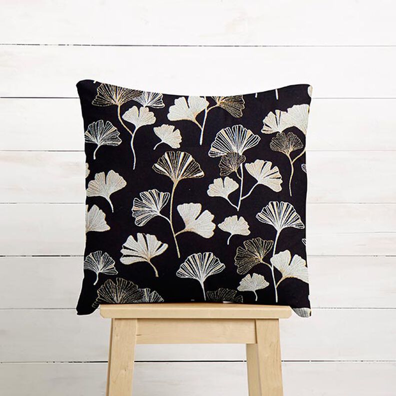 tessuto arredo Jacquard foglie di ginkgo – nero/oro,  image number 8