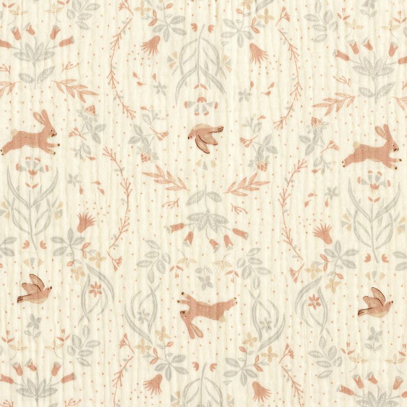 mussolina / tessuto doppio increspato Uccello e coniglio nel giardino fiorito – bianco lana,  image number 1