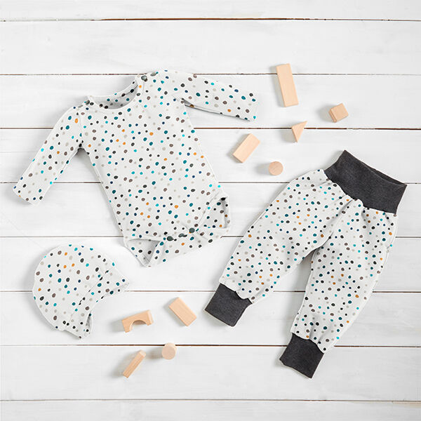 jersey di cotone Piccoli puntini variopinti – bianco/petrolio, image number 5