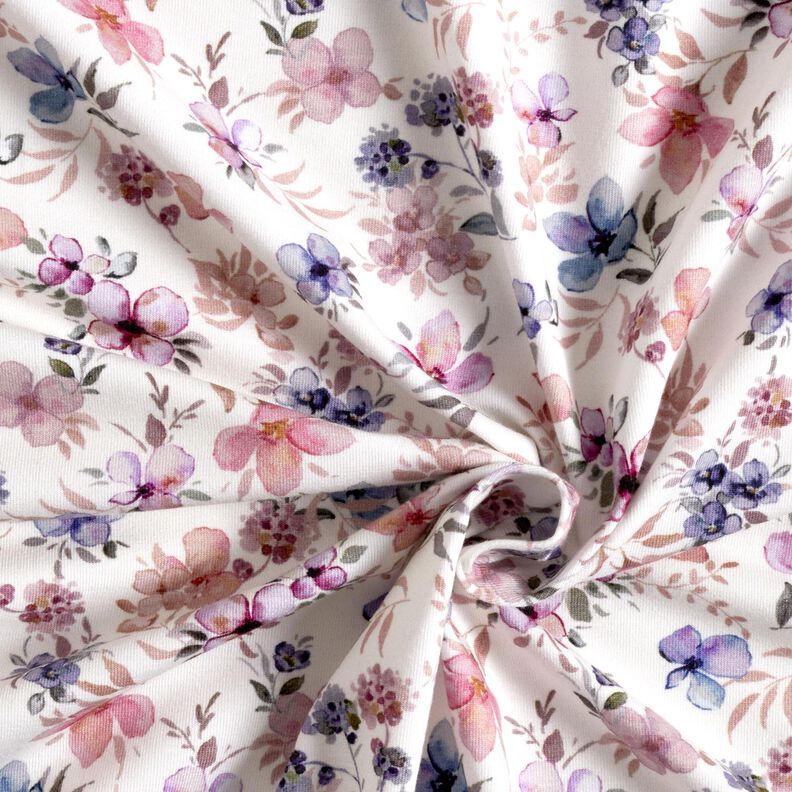 GOTS jersey di cotone Fiori ad acquerello stampa digitale – bianco lana/violetto pastello,  image number 3