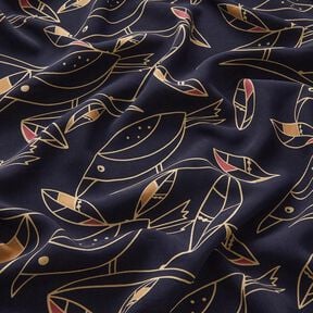 Tessuto di viscosa Uccelli Art Déco – blu notte/sabbia, 