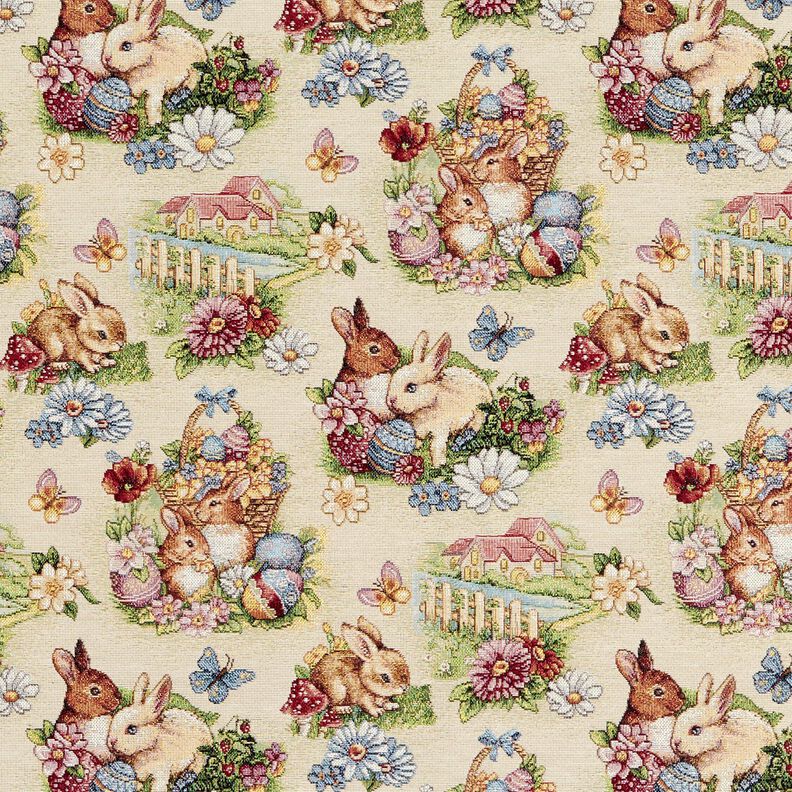 tessuto arredo gobelin Conigli pasquali in giardino – beige chiaro/bacca, image number 1