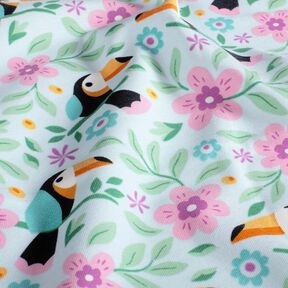 jersey di cotone Tucani in una giungla di fiori – azzurro baby/arancione, 