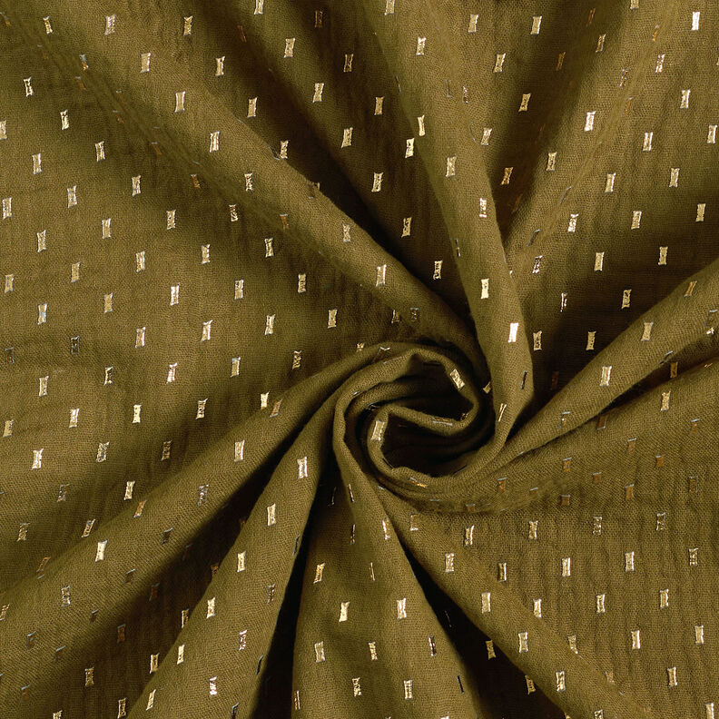 mussolina / tessuto doppio increspato stampa laminata Quadretti – verde oliva scuro/oro, image number 4