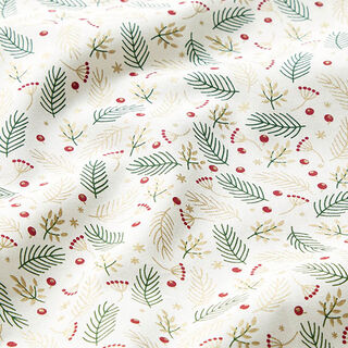 tessuto in cotone popeline Rami e bacche – bianco lana/oro, 