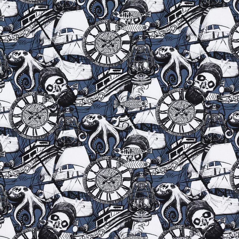 jersey di cotone Motivi di tatuaggio marittimo stampa digitale – colore blu jeans,  image number 1
